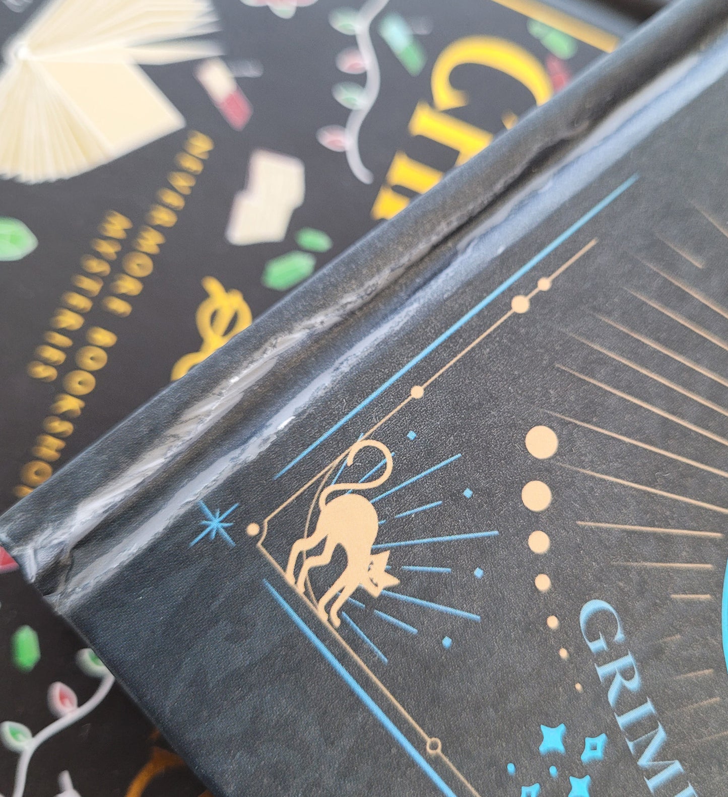 close up of a seconds hardcover book showing damage