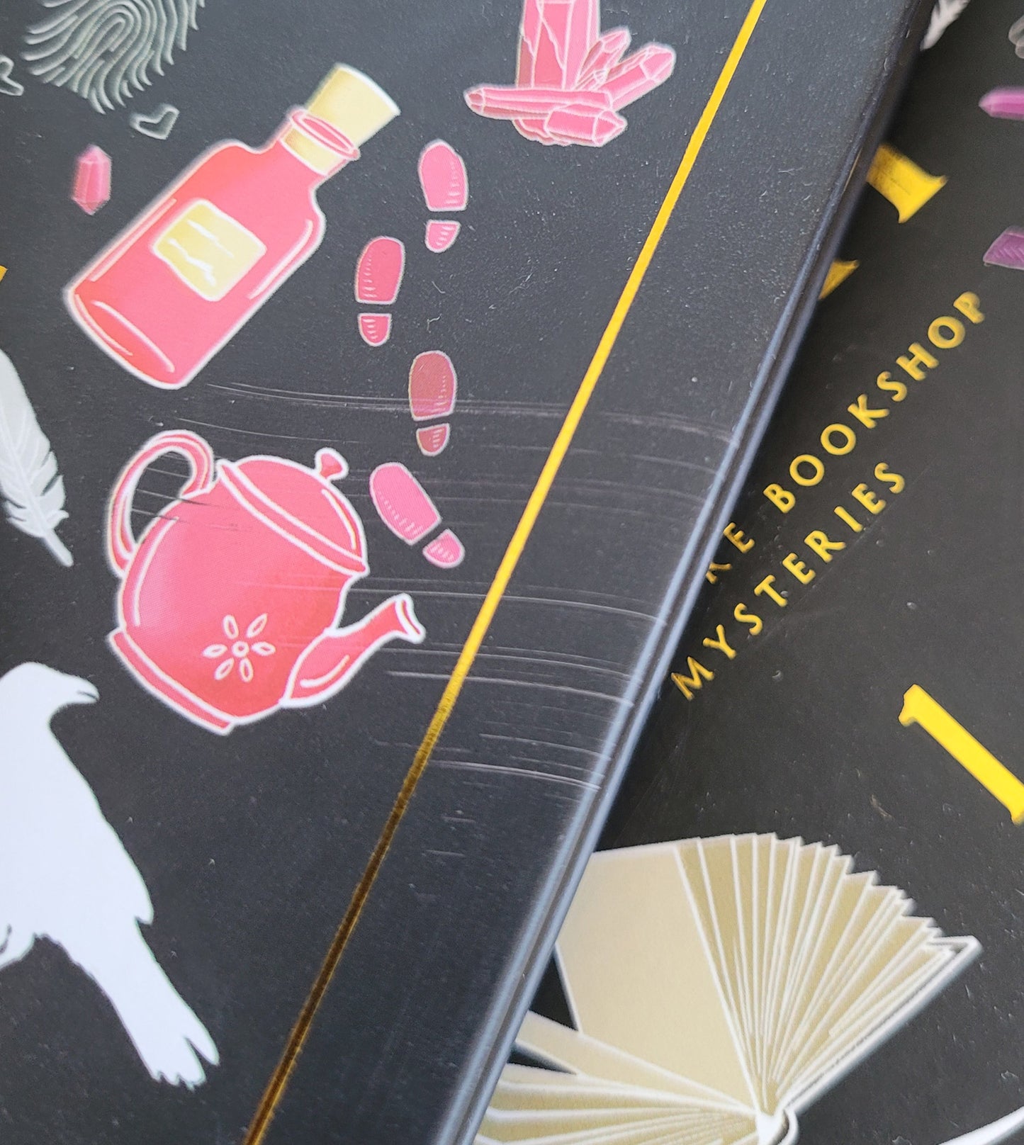 close up of a seconds hardcover book showing damage