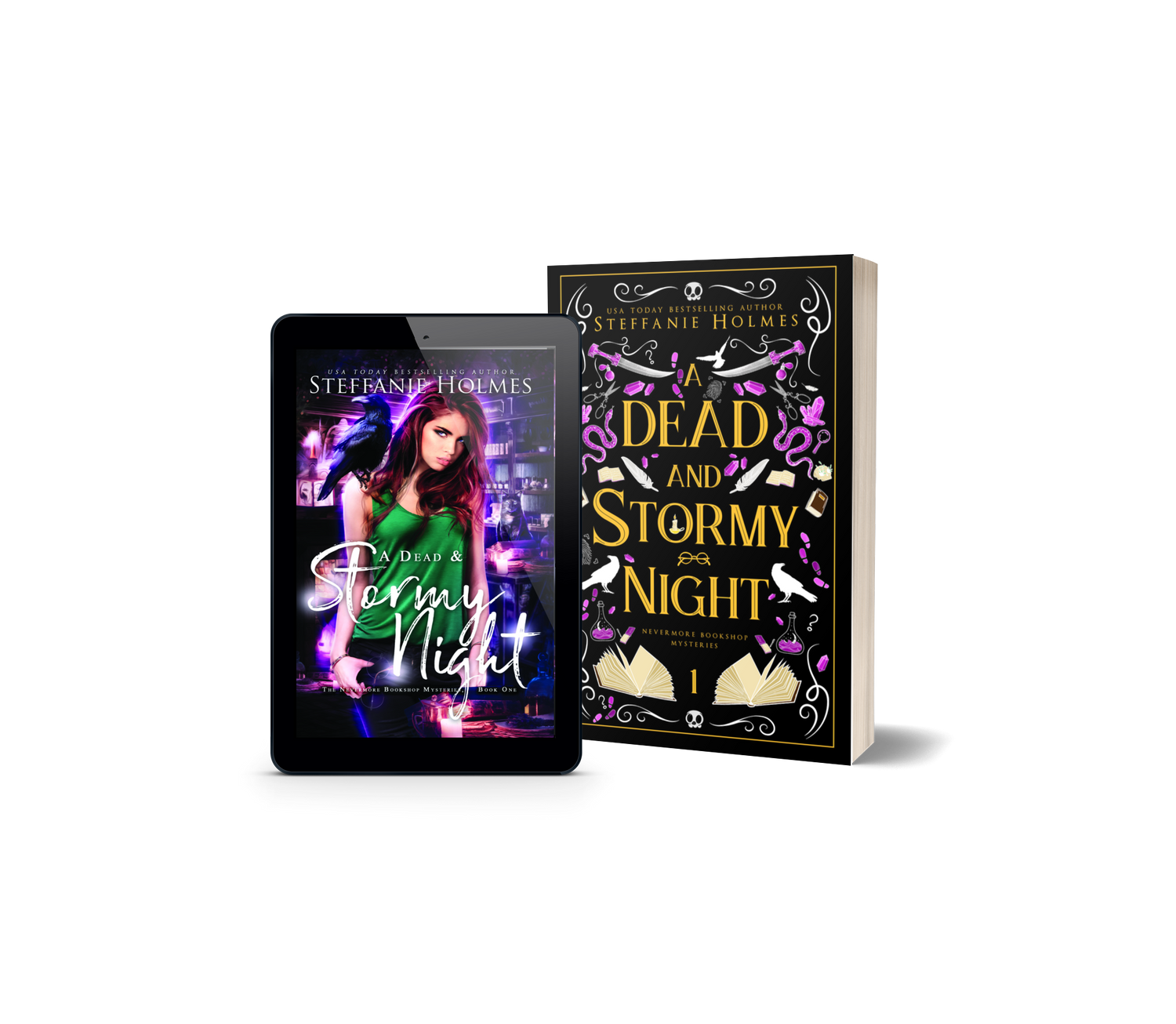 Book titled 'A Dead and Stormy Night' by Steffanie Holmes next to a tablet displaying the original book cover.