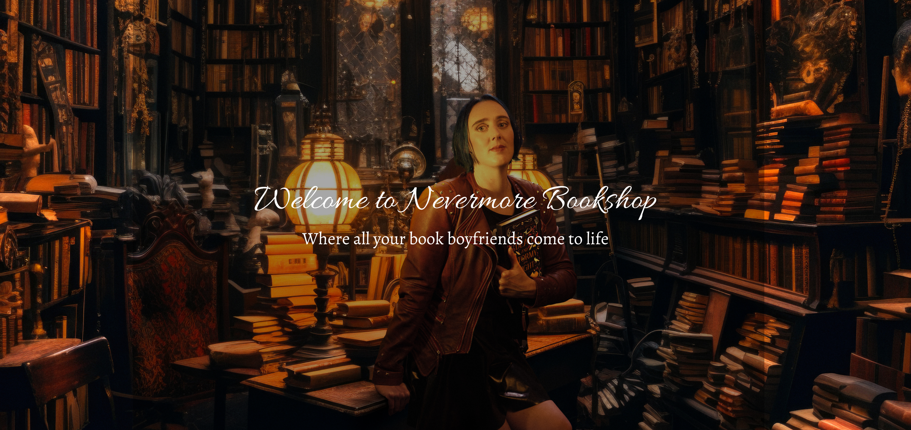 image of Steffanie Holmes holding a book in an old cluttered bookshop or library with the title 'Welcome to Nevermore Bookshop, where all your book boyfriends come to life'