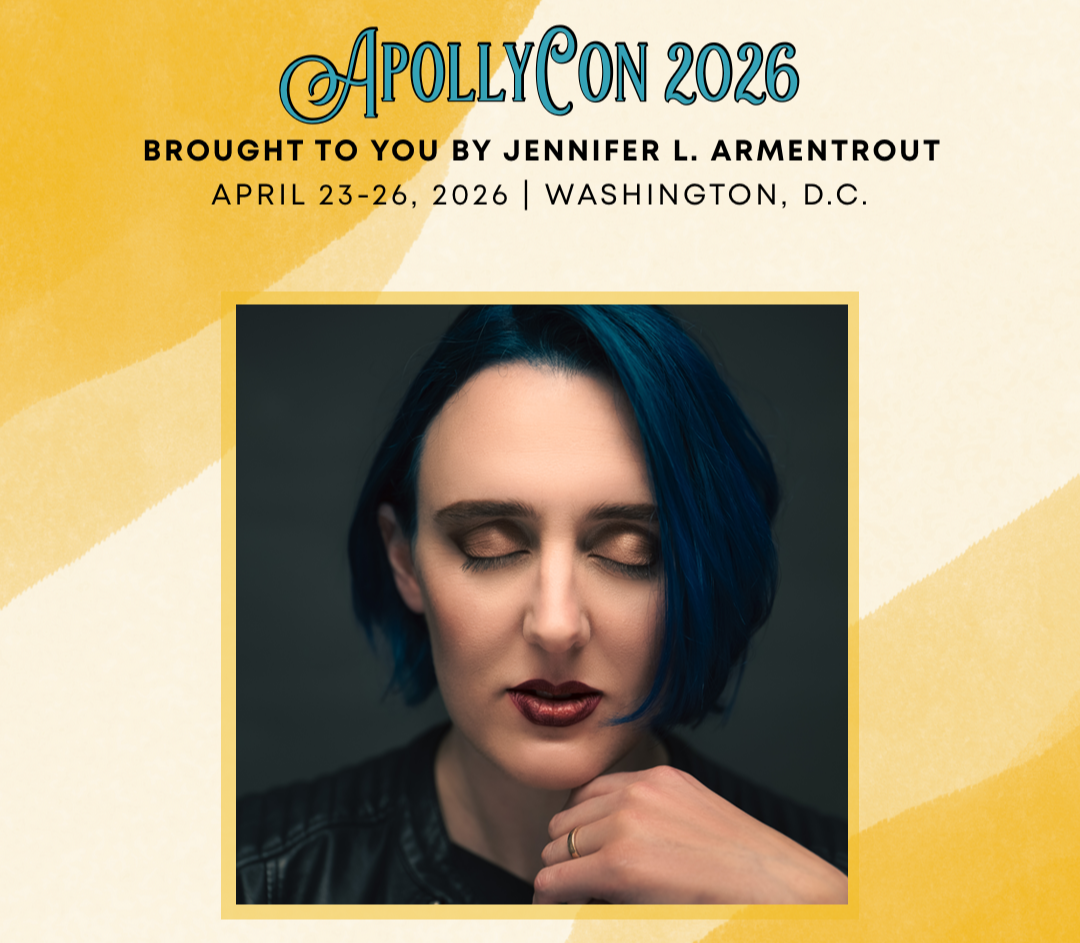 Promotional poster for ApollyCon 2026 with a photo of Steffanie Holmes and event details.