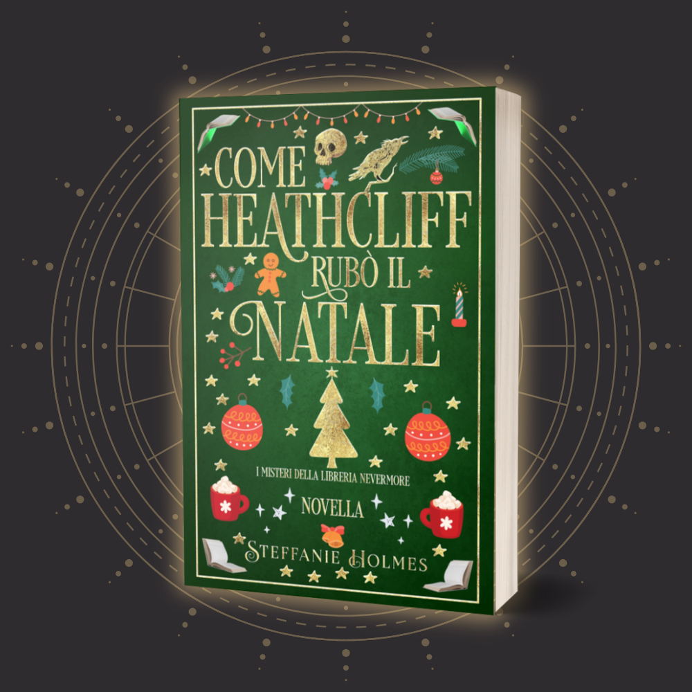 Book cover for 'Come Heathcliff rubo il natale' by Steffanie Holmes on a dark background with geometric designs