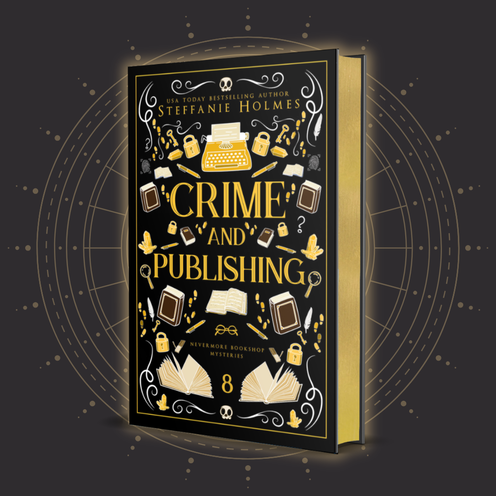 A signed hardcover edition of 'Crime and Publishing' by Steffanie Holmes, featuring a black cover with gold and silver accents, illustrations of a feather, a magnifying glass, and a book.