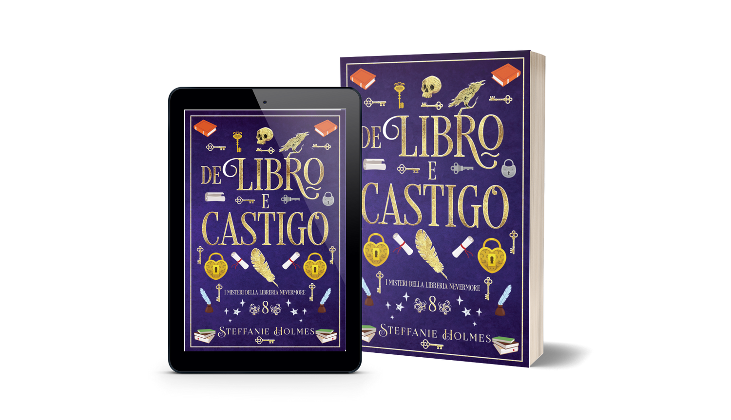 Book titled 'De Libro e Castigo' by Steffanie Holmes next to a tablet displaying the same book cover.