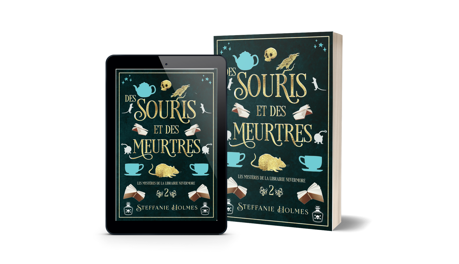 Book titled 'Des Souris et des Meurtres' by Steffanie Holmes next to a tablet displaying the same book cover.
