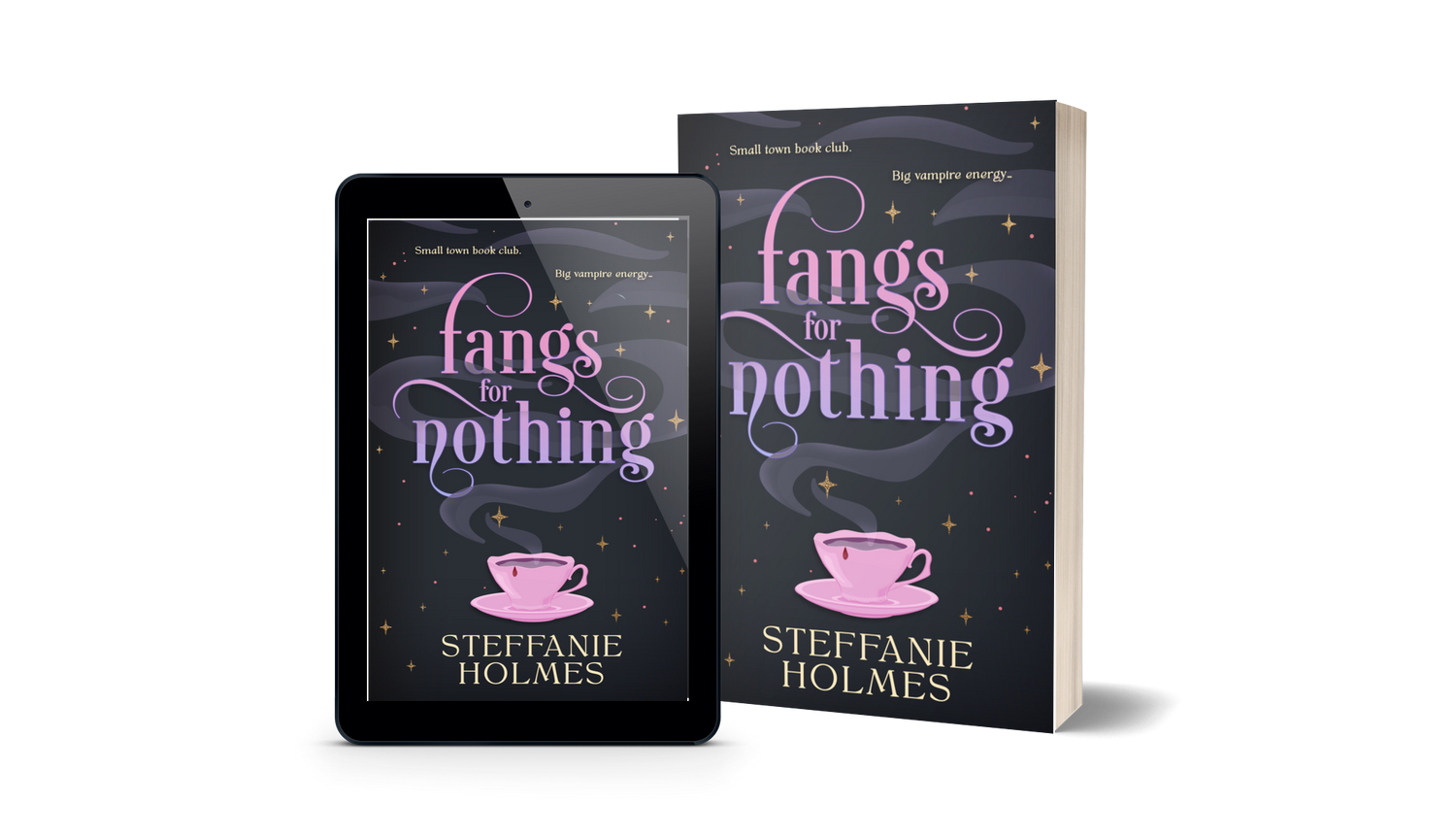 Book titled 'Fangs for Nothing' by Steffanie Holmes next to a tablet displaying the same book cover.