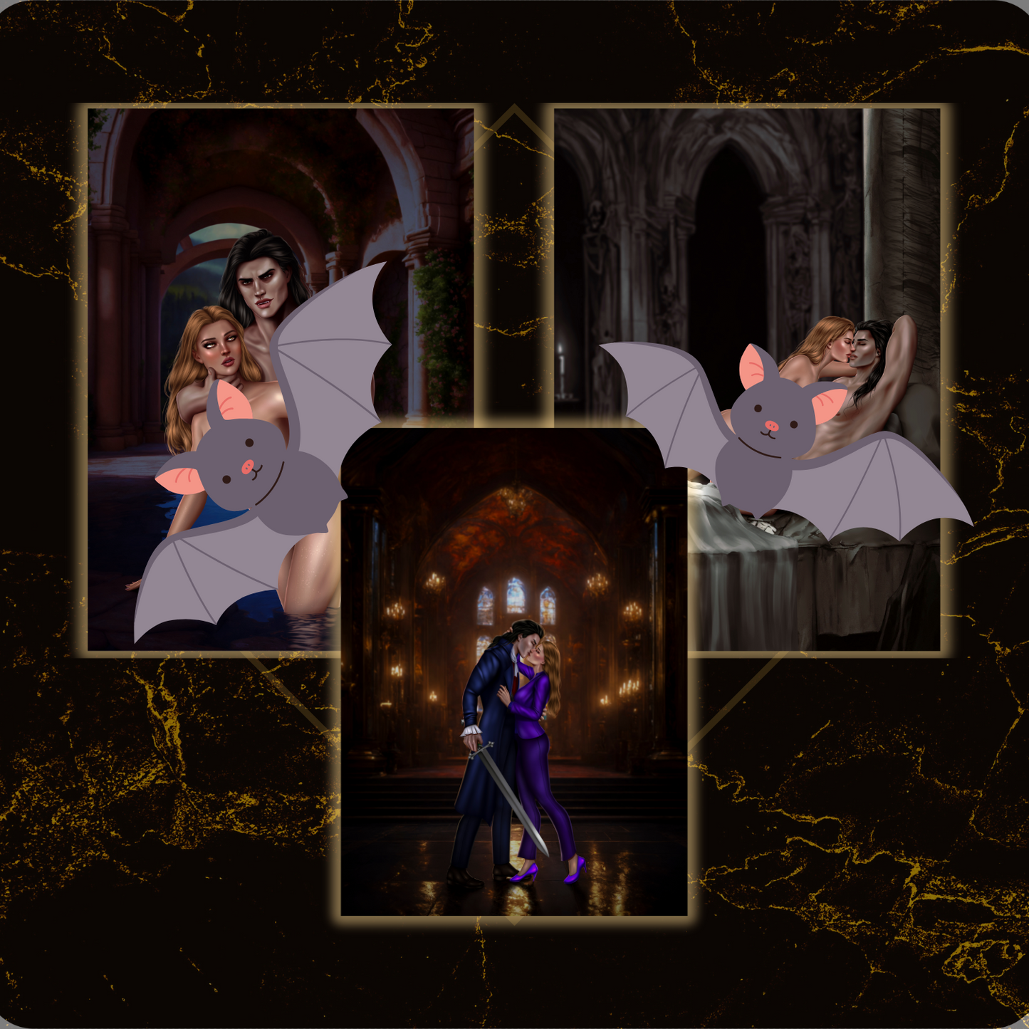 Dark fantasy scene with characters and bats in a gothic setting