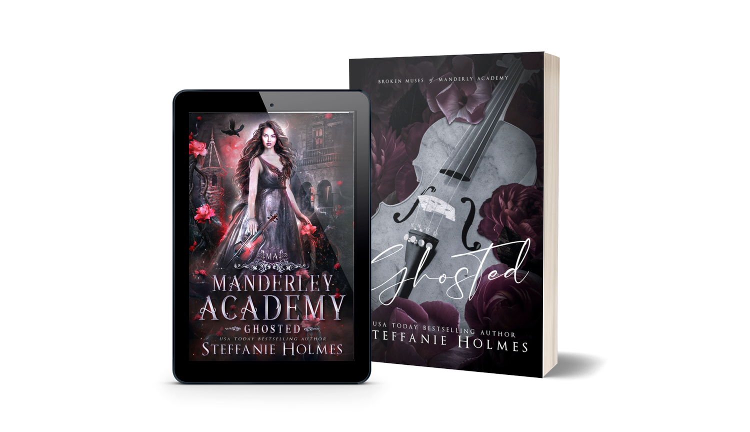 Book titled 'Ghosted' by Steffanie Holmes next to a tablet displaying the original book cover.