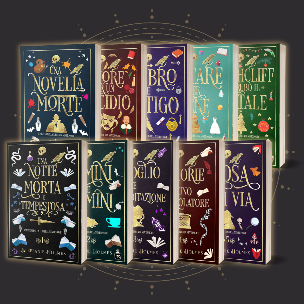 Collection of books with colorful covers on a dark background. The complete Nevermore Bookshop series by Steffanie Holmes, Italian translations