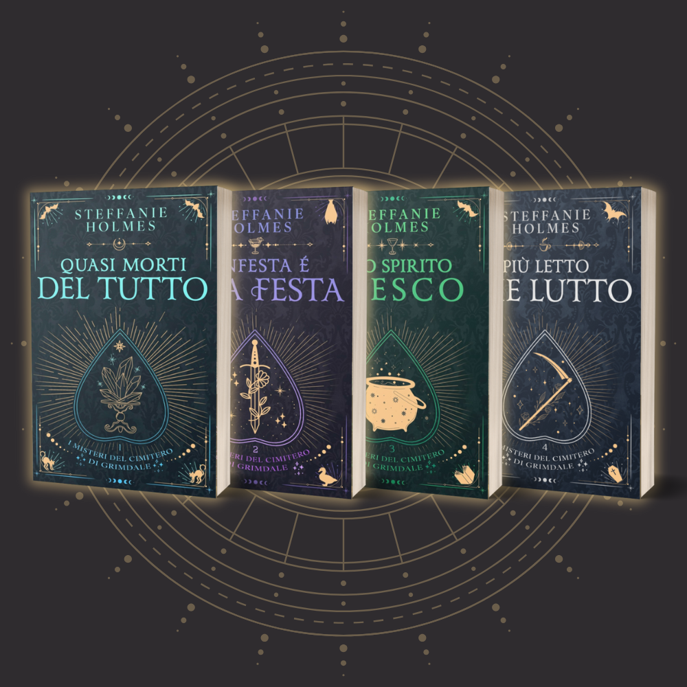 Four book covers of the Grimdale Graveyard Mystery series Italian translation by Steffanie Holmes on a dark background with astrological design