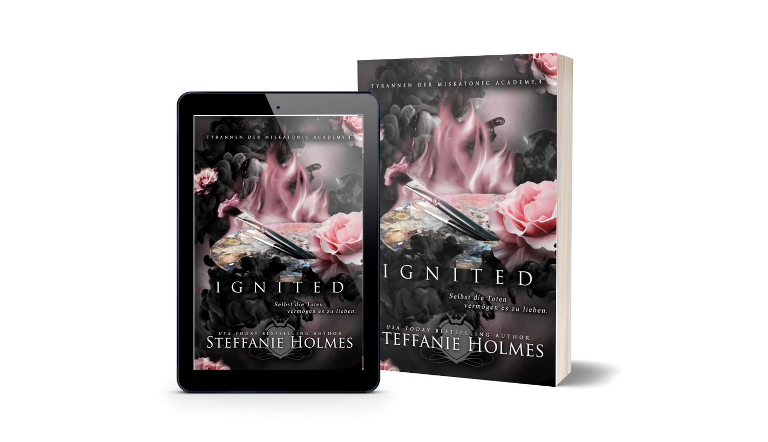 Book titled 'Ignited' German edition by Steffanie Holmes next to a tablet displaying the same book cover.