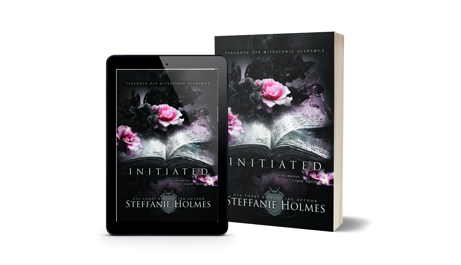 Book titled 'Initiated' German edition by Steffanie Holmes next to a tablet displaying the same book cover.