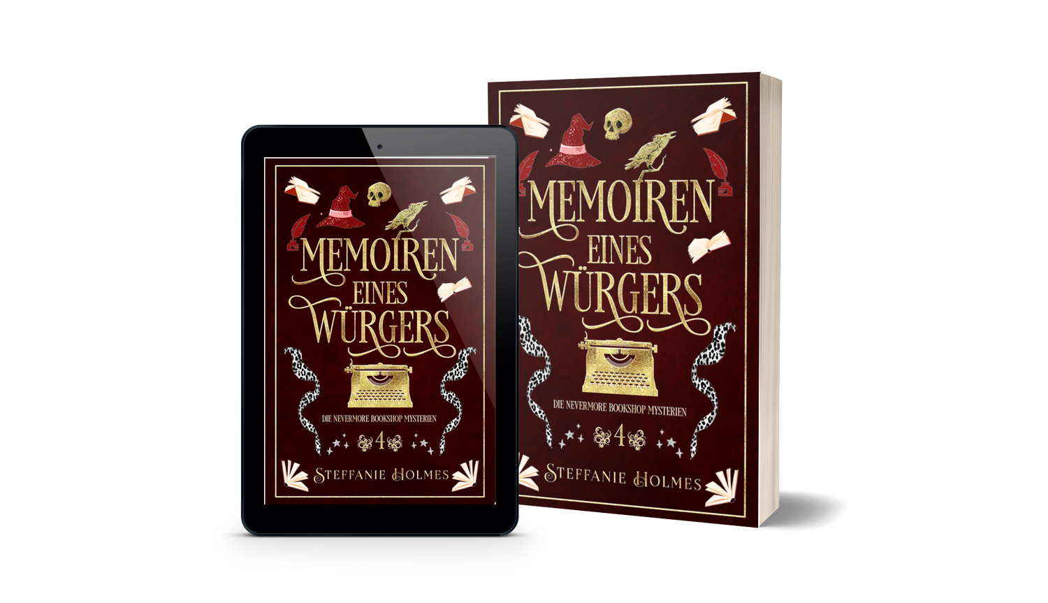 Book titled 'Memoiren eines Wurgers' by Steffanie Holmes next to a tablet displaying the same book cover.