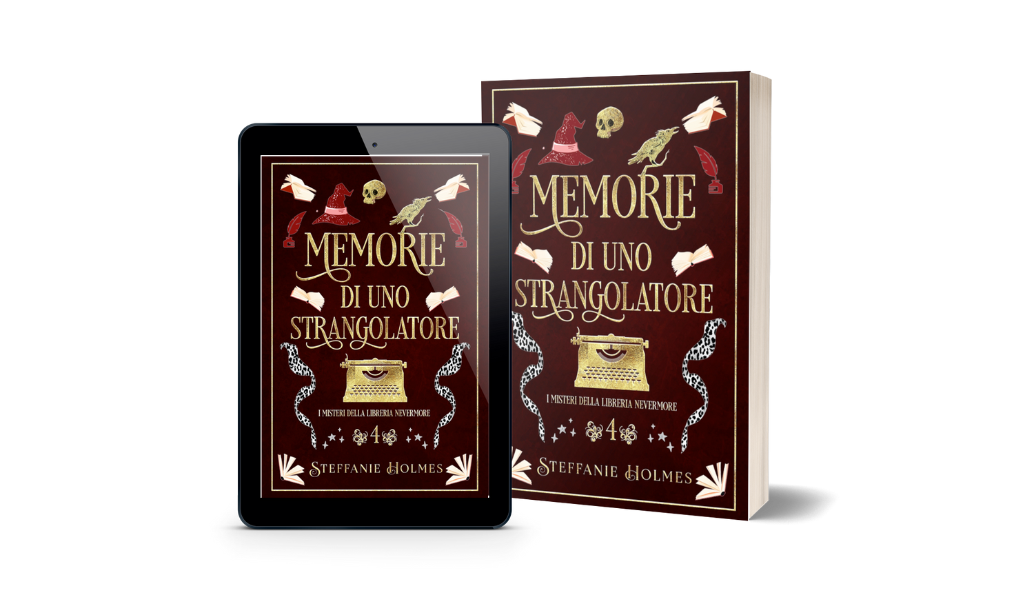 Book titled 'Memorie di uno Strangolatore' by Steffanie Holmes next to a tablet displaying the same book cover.