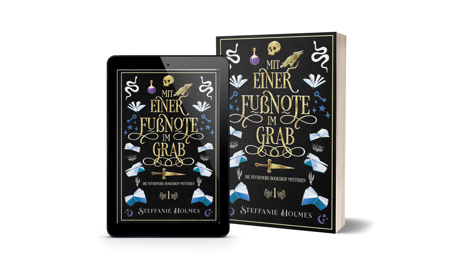 Book titled 'Mit Einer Fussnote Im Grab' by Steffanie Holmes next to a tablet displaying the same book cover.