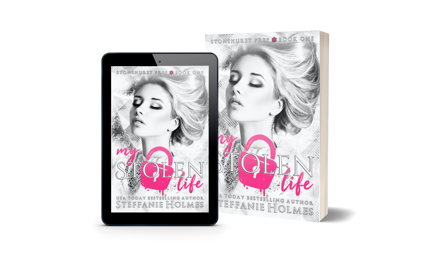 Book titled 'My Stolen Life' by Steffanie Holmes next to a tablet displaying the same book cover.