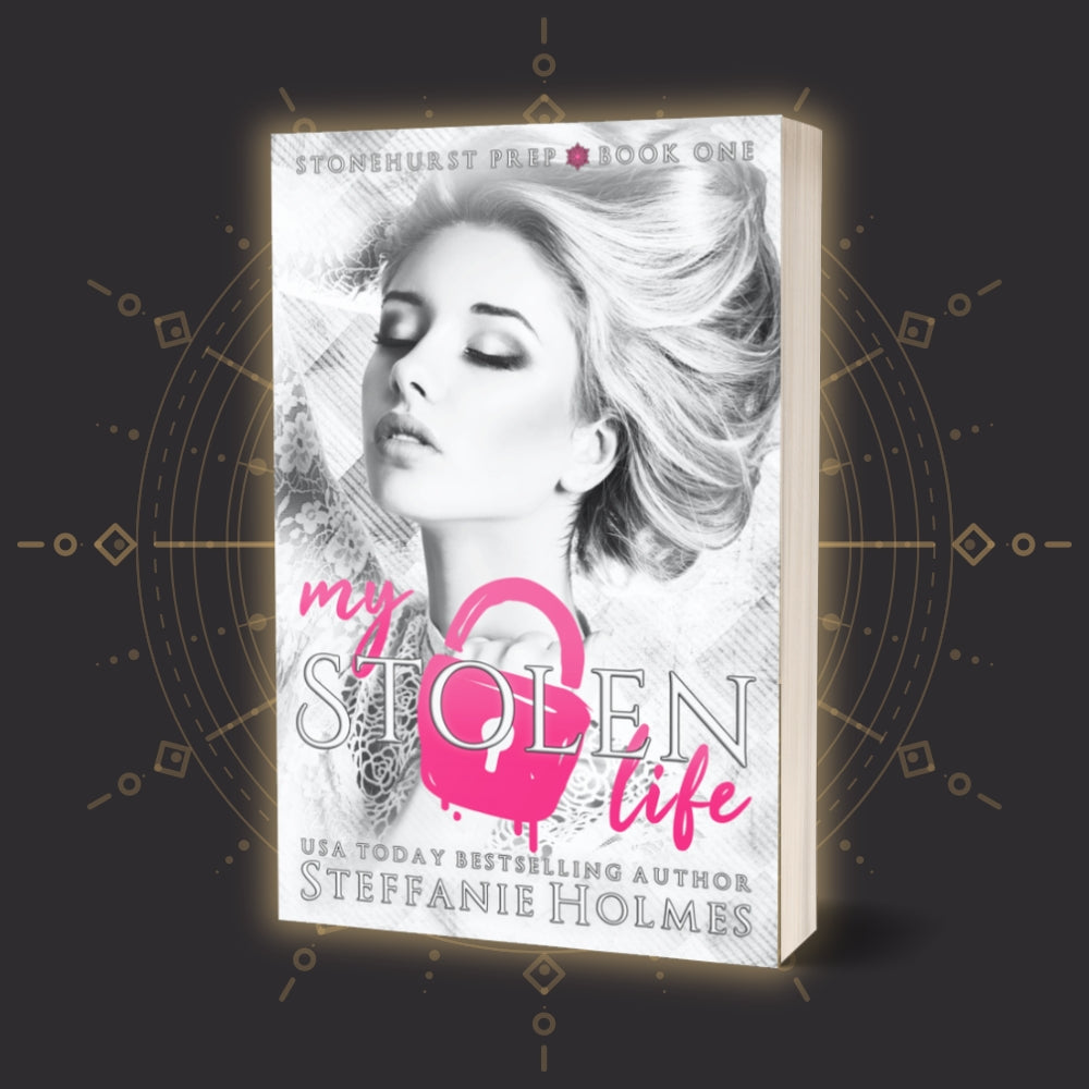 Book cover of 'My Stolen Life' by Steffanie Holmes with a stylized face and pink design on a dark background