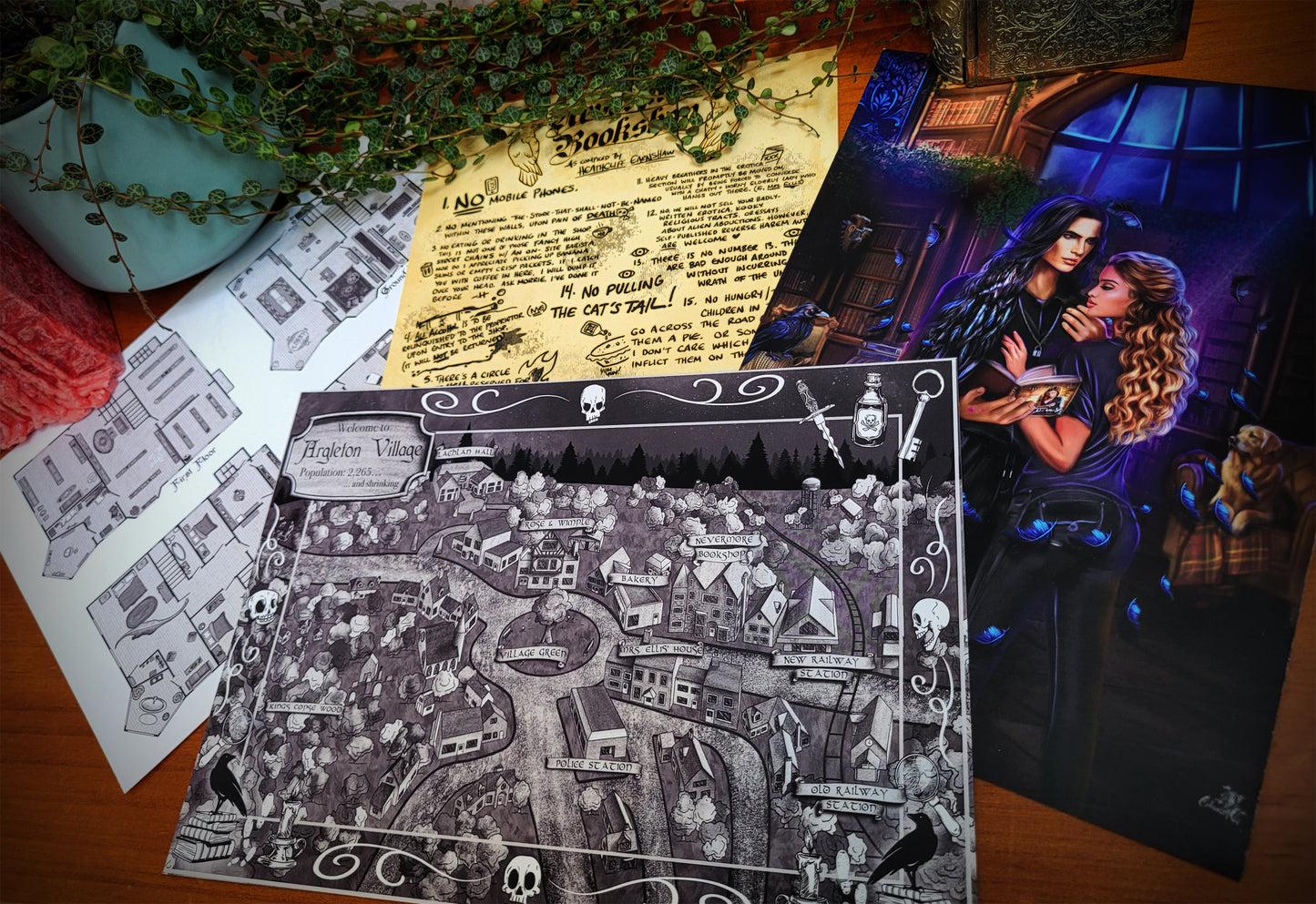 four pieces of A5 Nevermore themed artwork