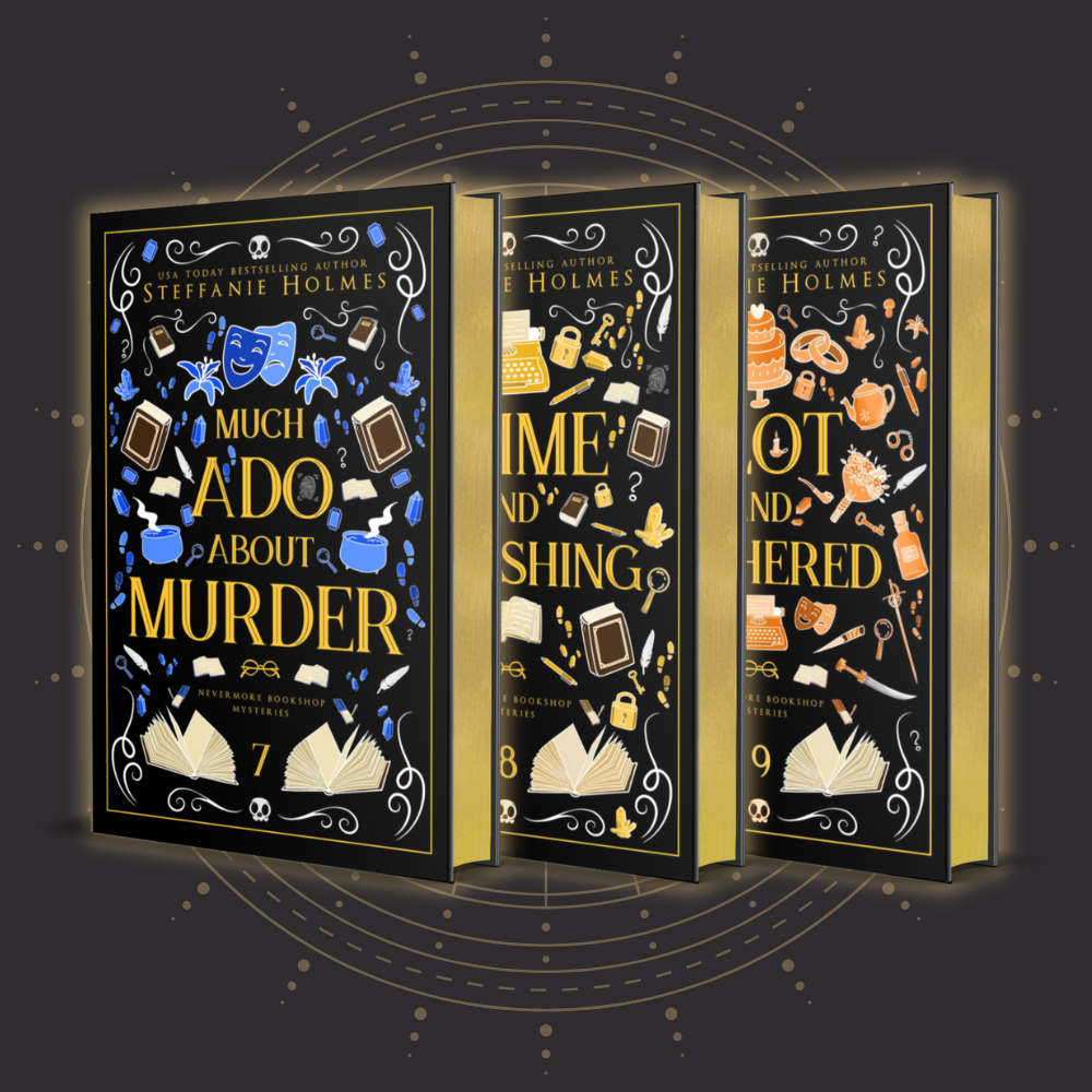 Three hardcover editions of books titled 'Much Ado About Murder', 'Crime and Publishing', and 'Plot and Bothered', featuring a black color scheme with gold and white accents, along with illustrations of books, a raven, and a map.