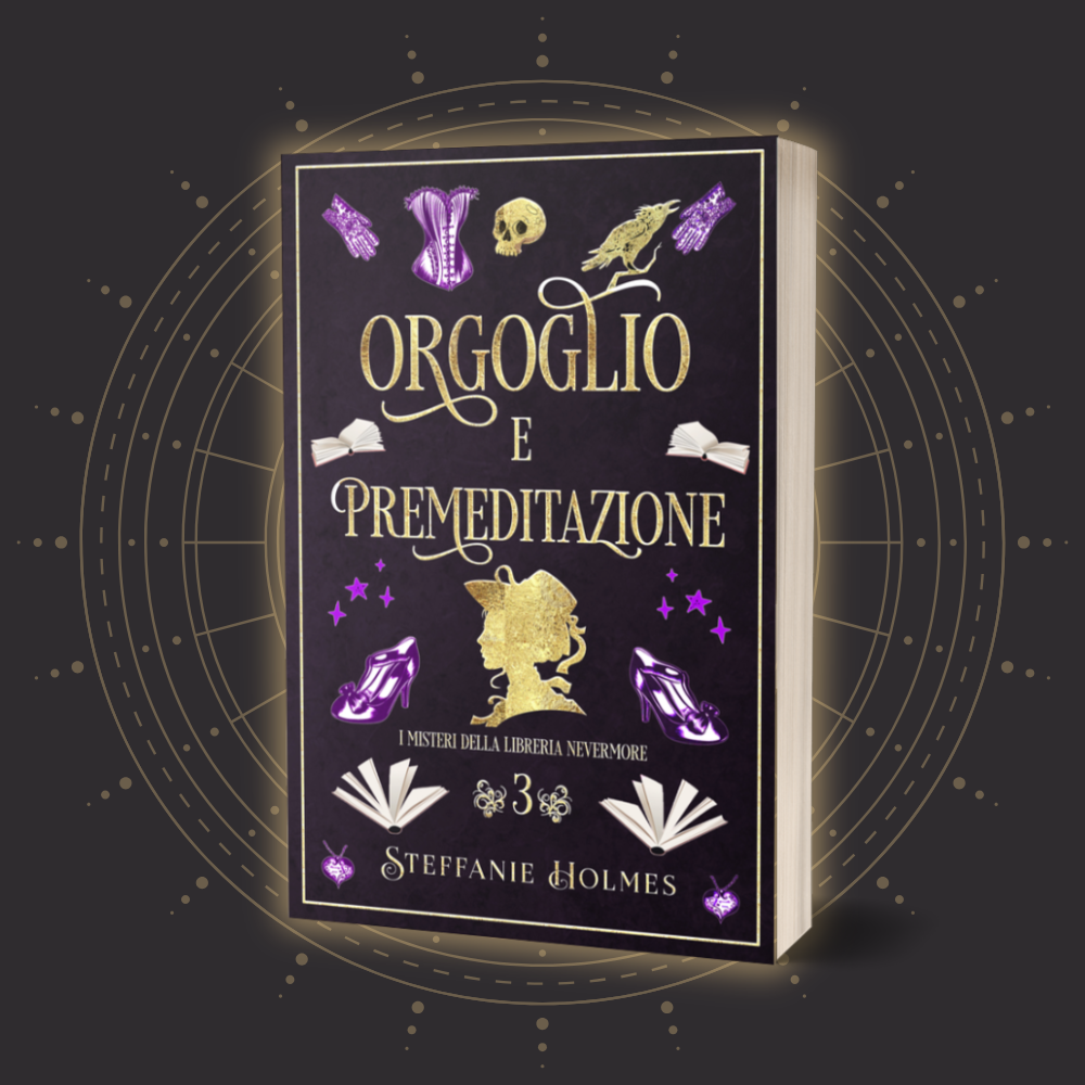 Book titled 'Orgoglio e Premeditazione' by Steffanie Holmes with decorative elements on a dark background