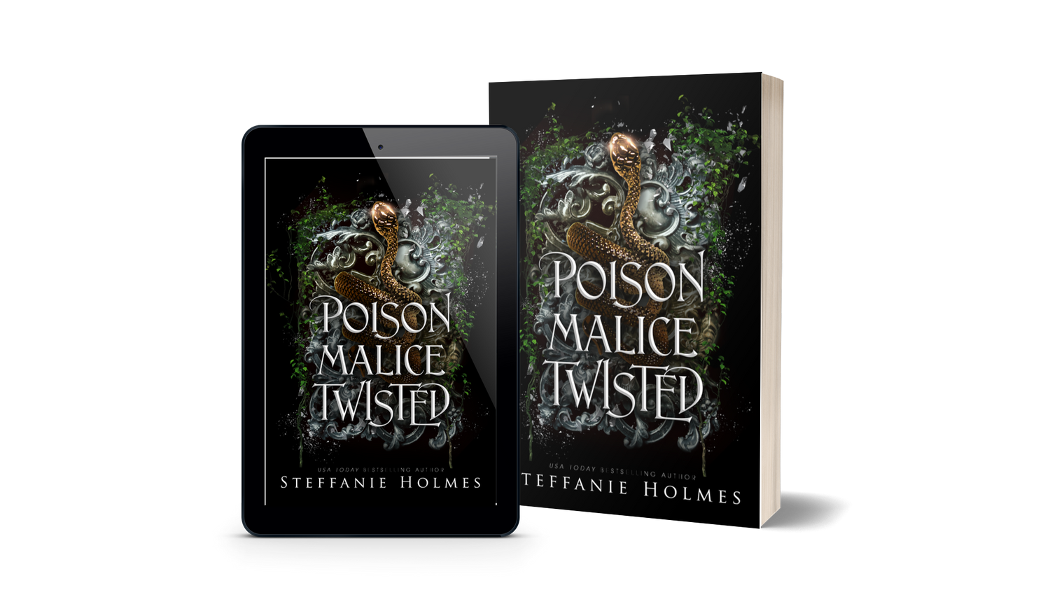 Book titled 'Poison Malice Twisted' by Steffanie Holmes next to a tablet displaying the same book cover.