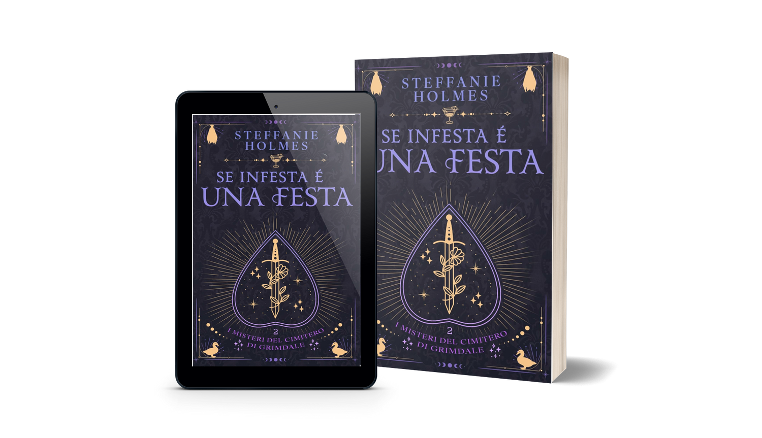 Book and tablet displaying the cover of 'Se Infesta E Una Festa' by Steffanie Holmes