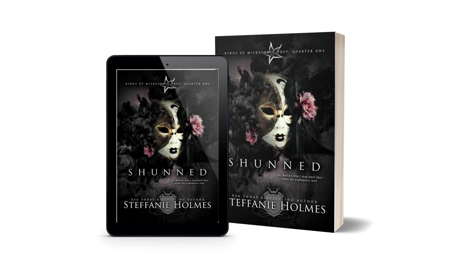 Book titled 'Shunned' by Steffanie Holmes next to a tablet displaying the same book cover.