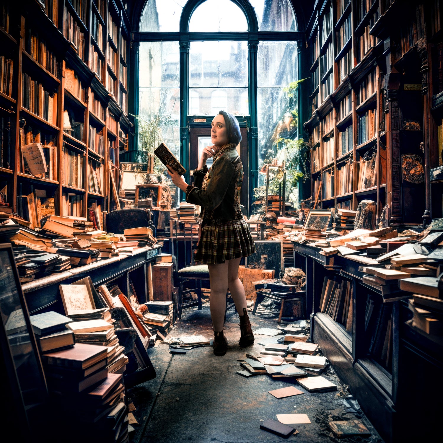 Photo of Steffanie Holmes holding a book in the aisle of an old, cluttered bookshop or library