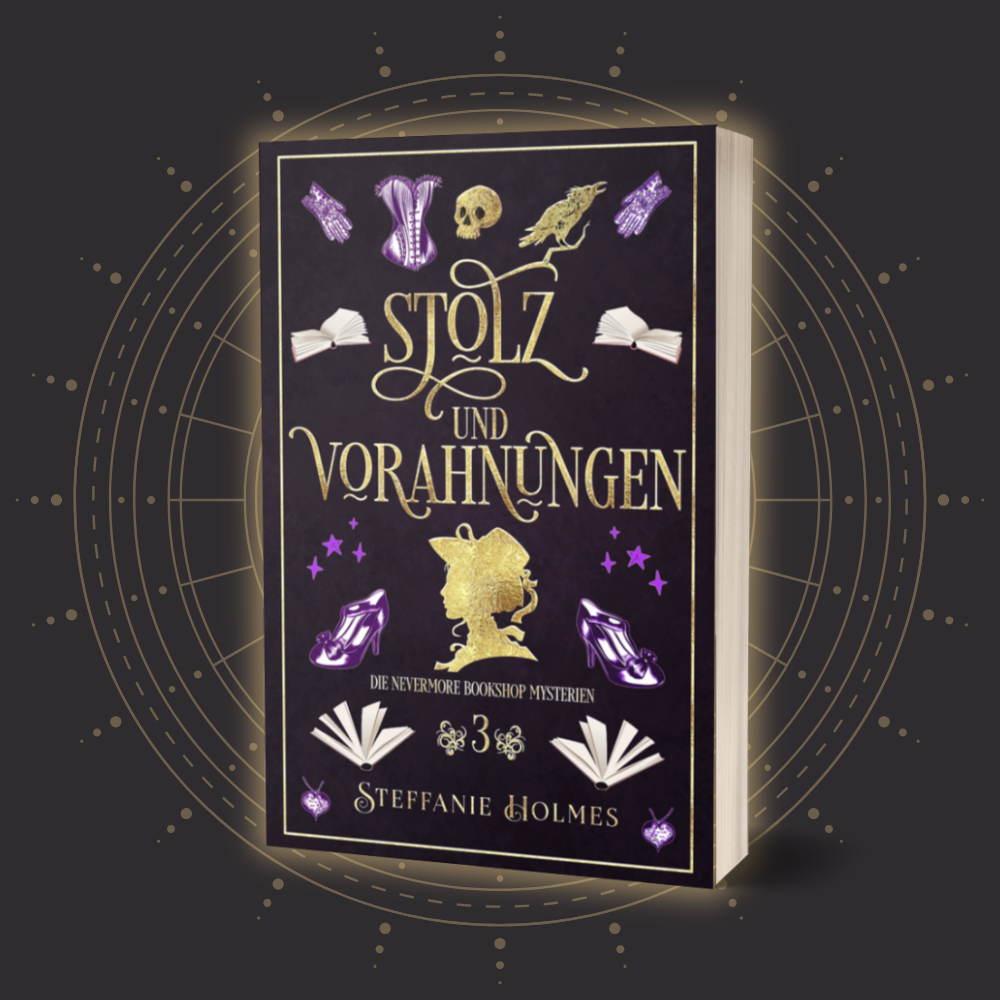 Book titled 'Stolz und Vorahnungen' by Steffanie Holmes with decorative elements on a dark background