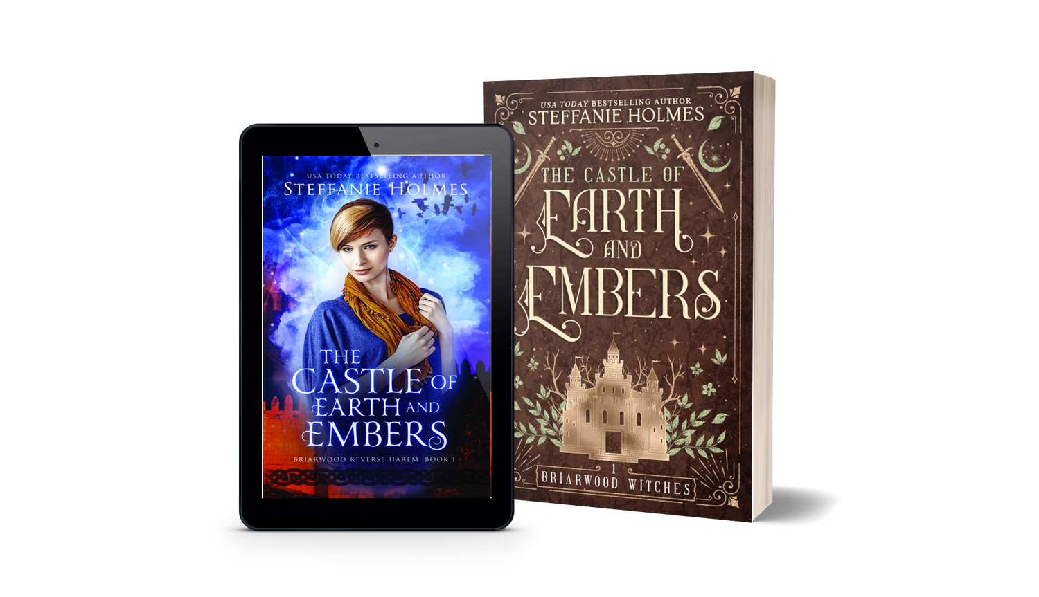 Book titled 'The Castle of Earth and Embers' by Steffanie Holmes next to a tablet displaying the original book cover.