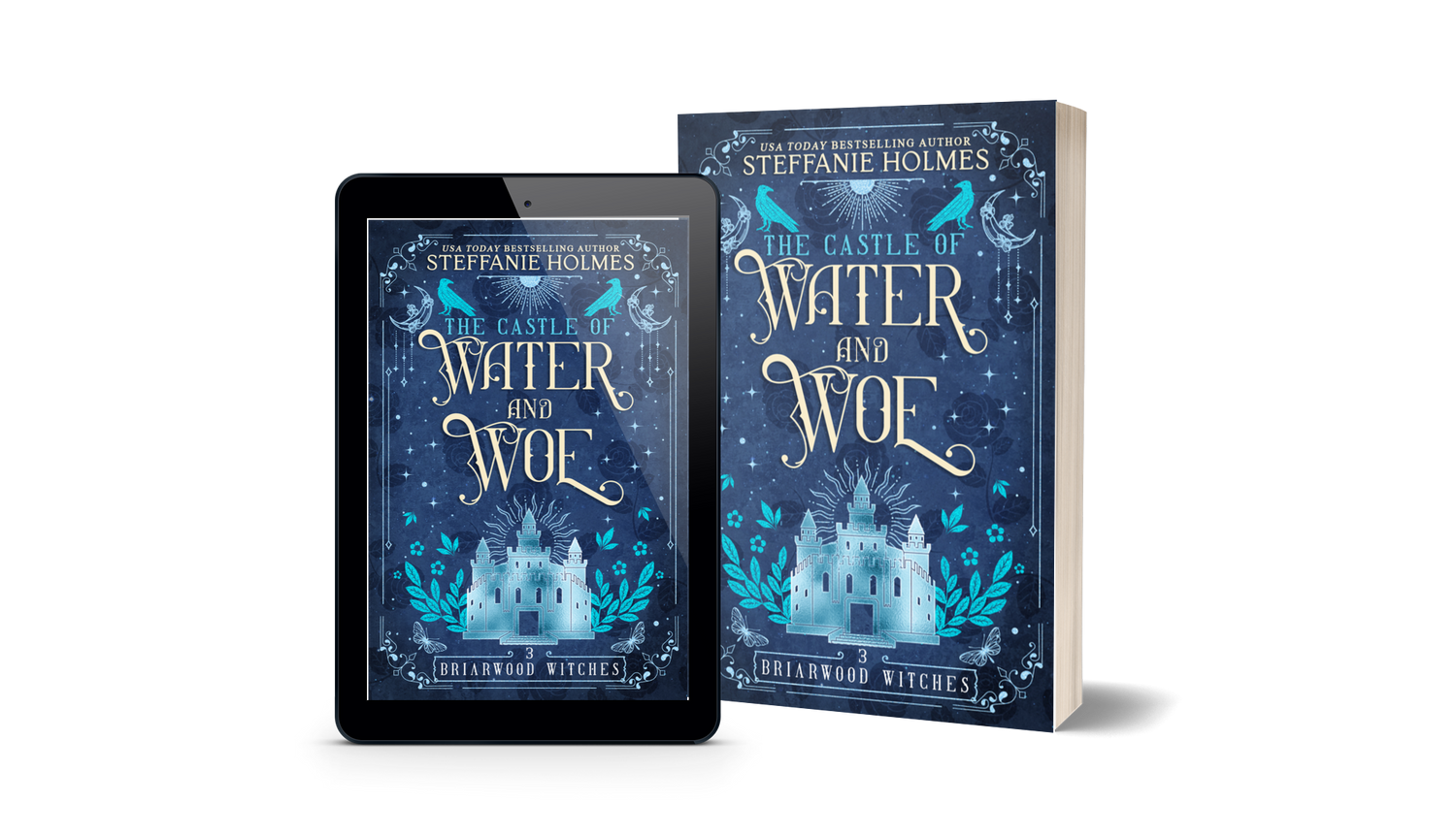 Book titled 'The Castle of Water and Woe' by Steffanie Holmes next to a tablet displaying the same book cover.