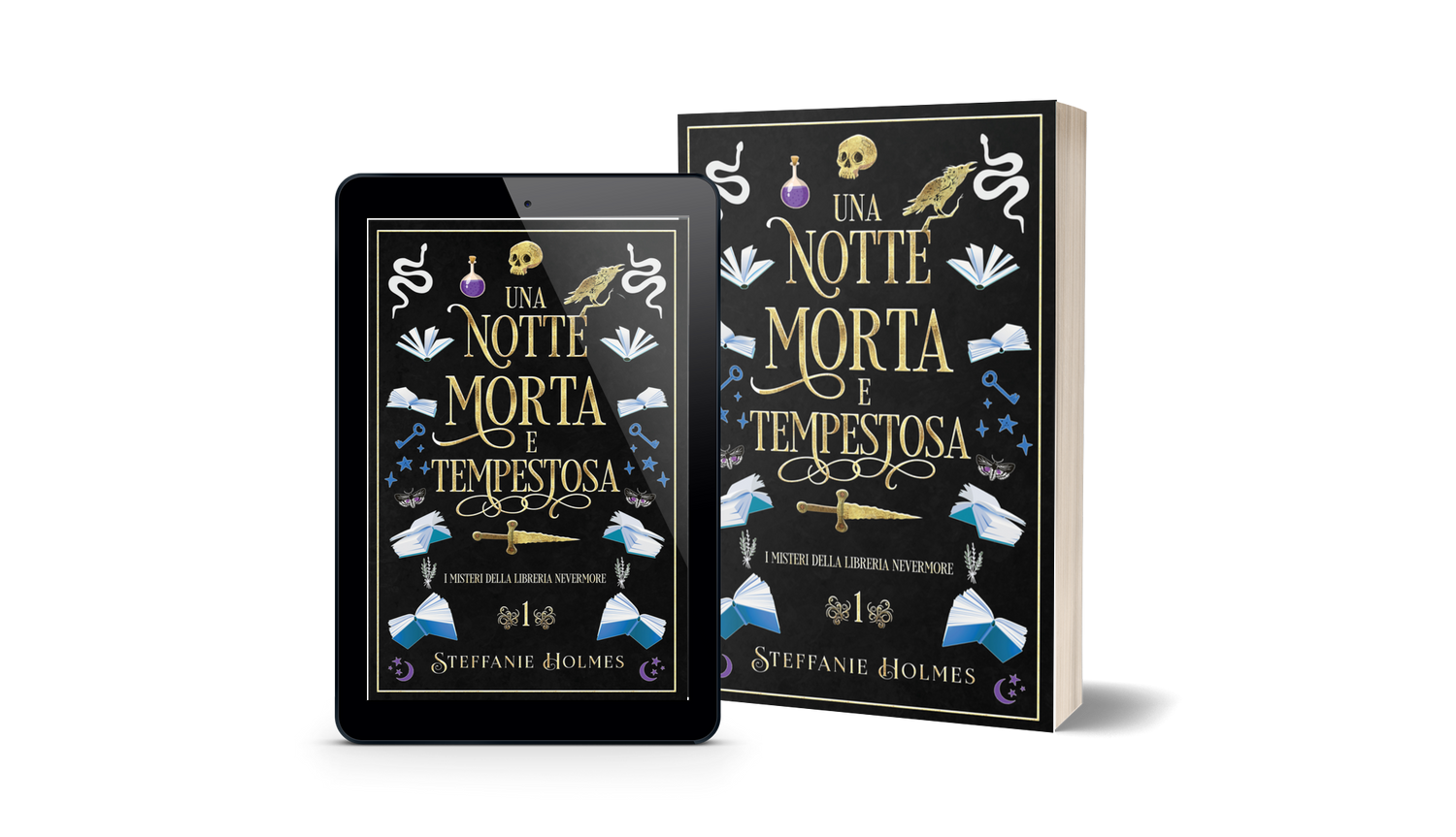 Book titled 'Una Notte Morta e Tempestosa' by Steffanie Holmes next to a tablet displaying the same book cover.