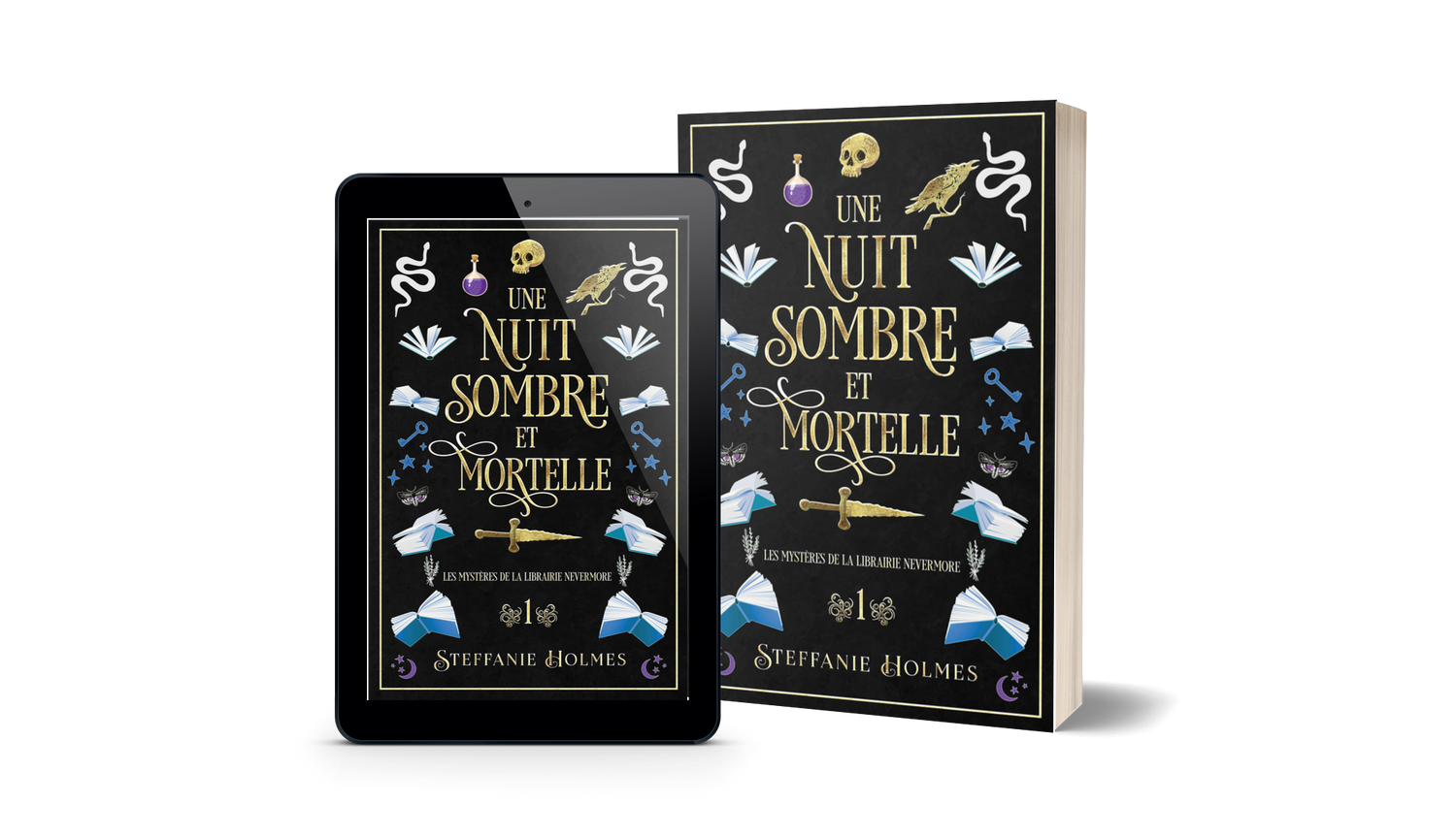 Book titled 'Une Nuit Sombre et Mortelle' by Steffanie Holmes next to a tablet displaying the same book cover.