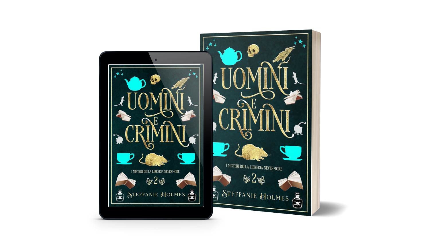 Book titled 'Uomini e Crimini' by Steffanie Holmes next to a tablet displaying the same book cover.