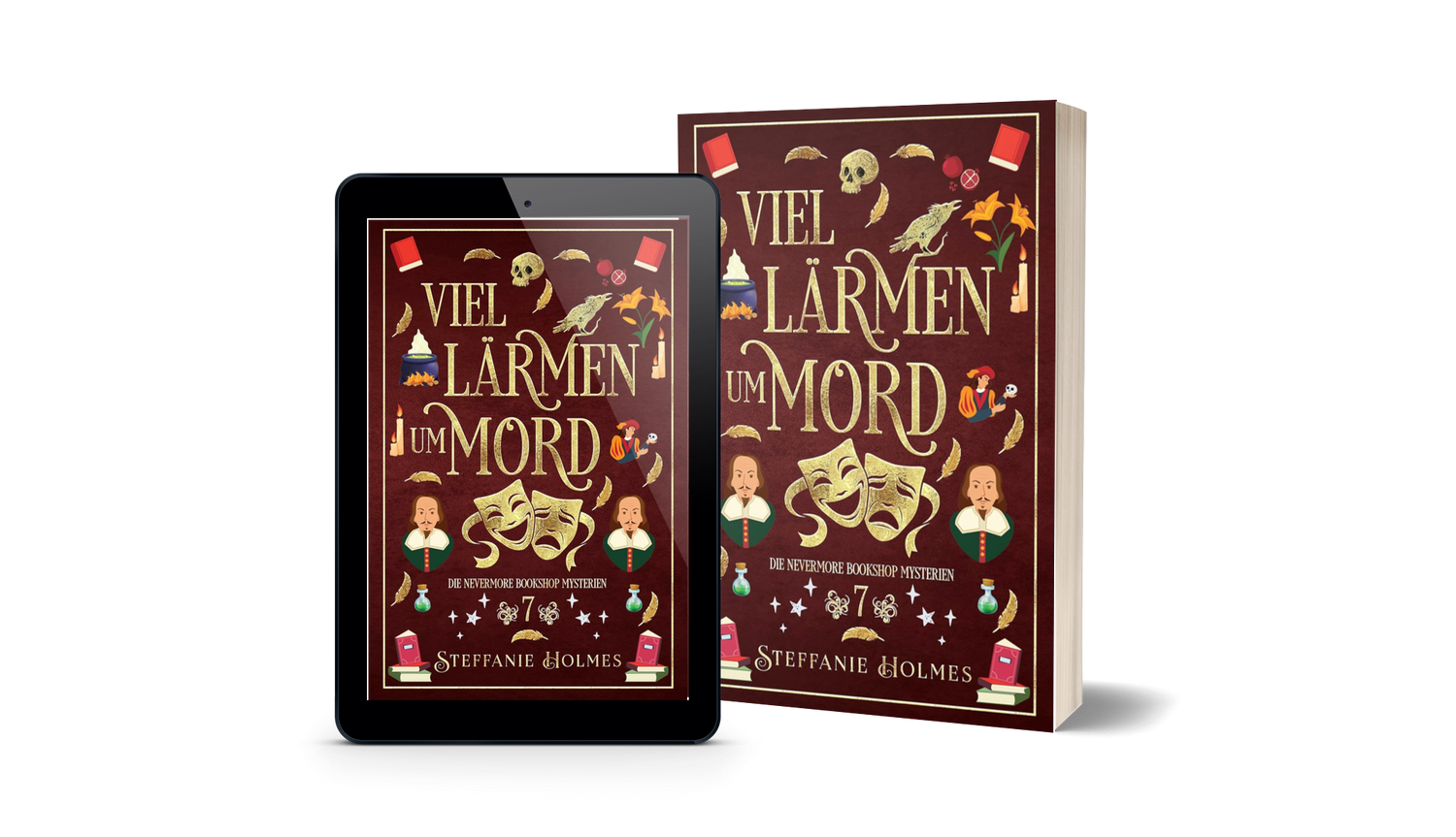 Book and tablet displaying 'Viel Lärmen um Mord' by Steffanie Holmes
