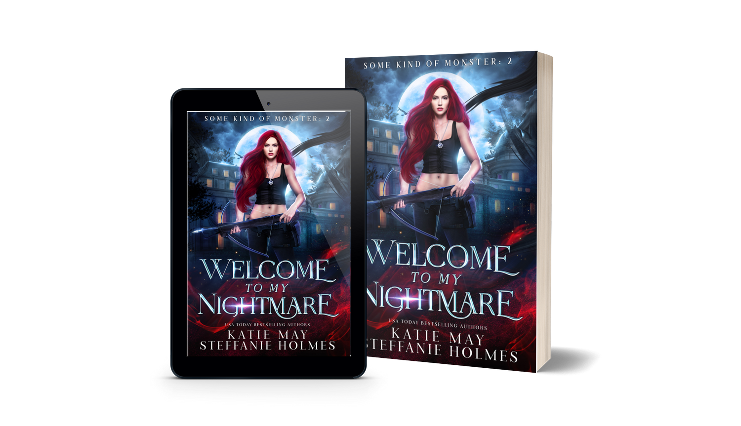Book titled 'Welcome to my Nightmare' by Steffanie Holmes and Katie May next to a tablet displaying the same book cover.