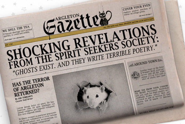 Newspaper called the Argleton Gazette with a headline about ghostly revelations from the Spirit Seekers Society