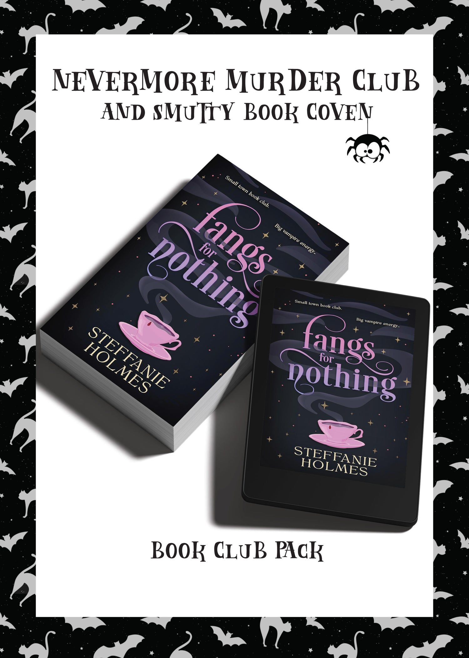 Book club pack for 'Fangs for Nothing' by Steffanie Holmes with decorative background