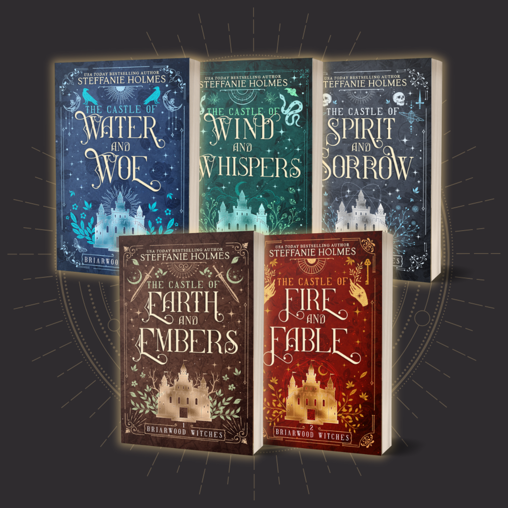 Five books from the 'Briarwood Witches' series by Steffanie Holmes on a dark background.