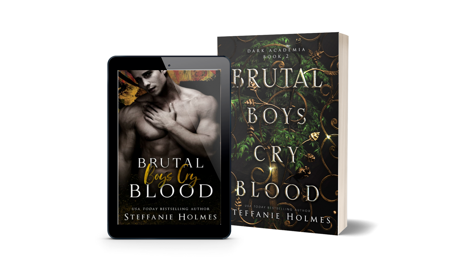 Book titled 'Brutal Boys Cry Blood' by Steffanie Holmes next to a tablet displaying the original book cover.