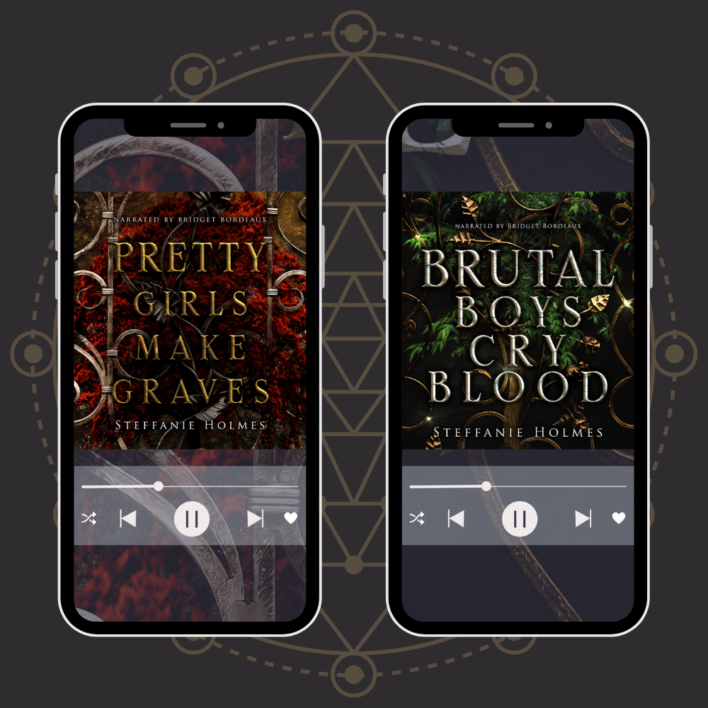 Two smartphones displaying audiobook covers with title and author information. The first phone is showing 'Pretty Girls Make Graves' with a dark, ornate background, and the second is showing 'Brutal Boys Cry Blood' with a similar dark, ornate background.