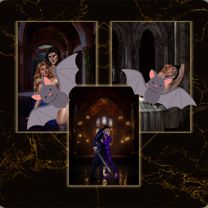 Dark fantasy scene with characters and bats in a gothic setting