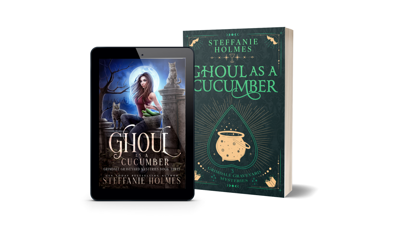 Book titled 'Ghoul As A Cucumber' by Steffanie Holmes next to a tablet displaying the original book cover.