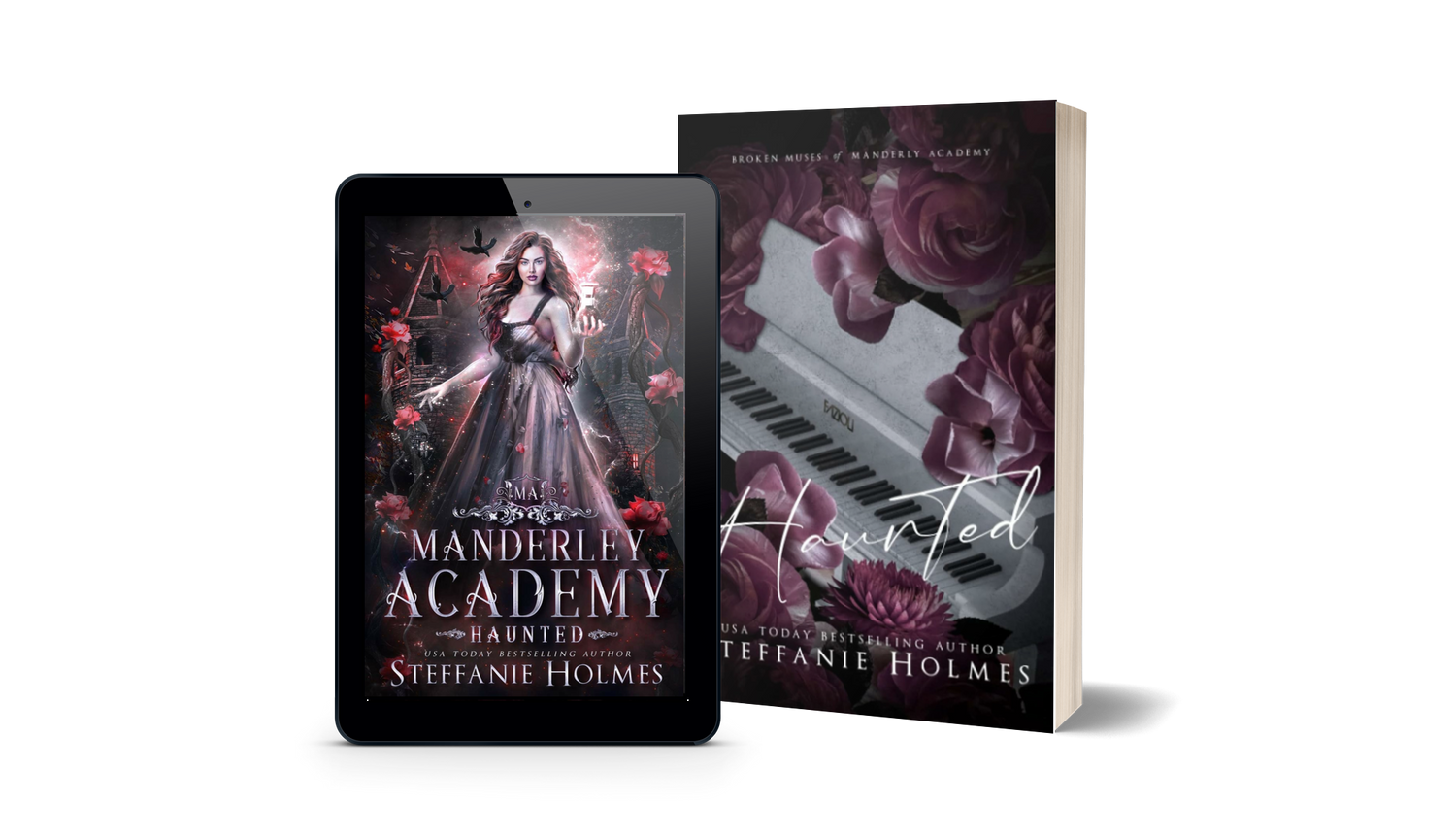 Book titled 'Haunted' by Steffanie Holmes next to a tablet displaying the original book cover.