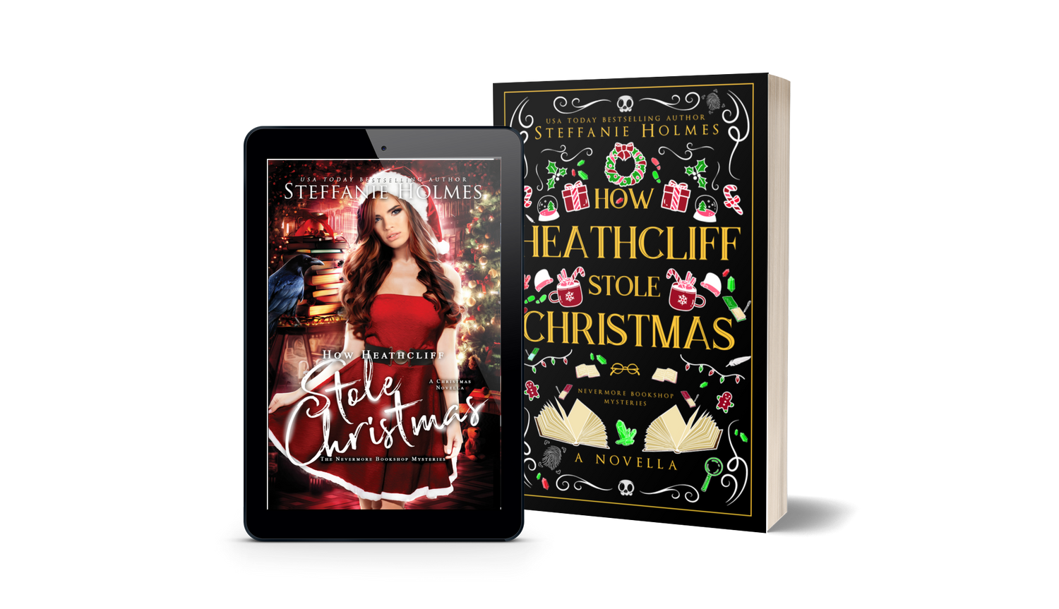 Book titled 'How Heathcliff Stole Christmas' by Steffanie Holmes next to a tablet displaying the original book cover.