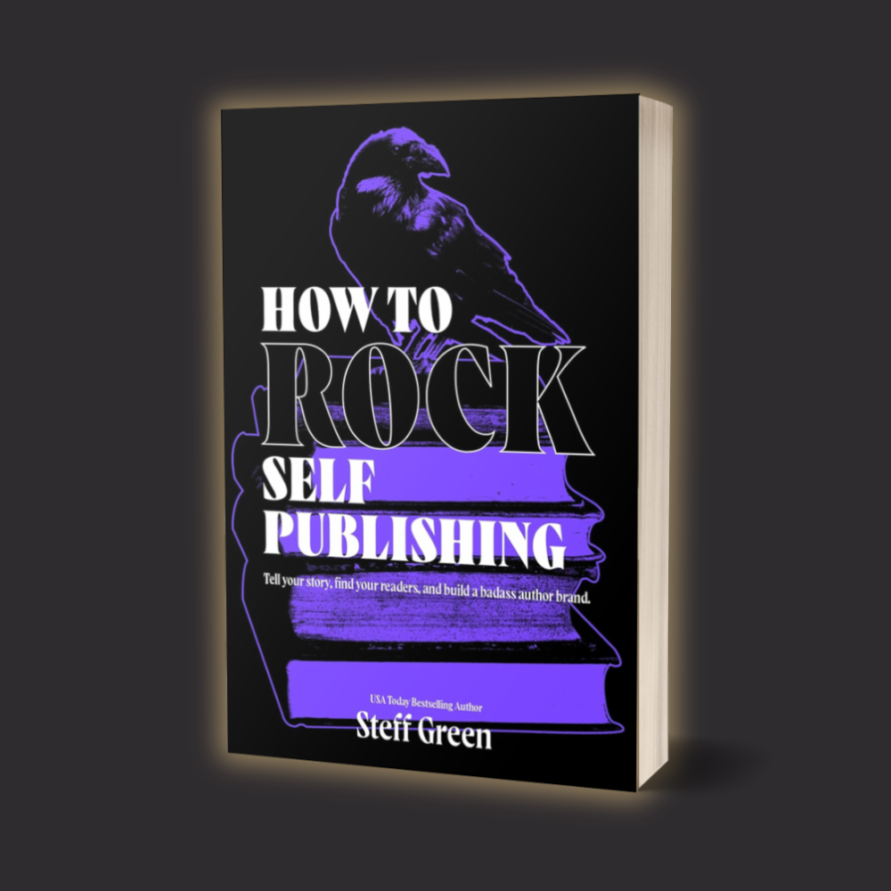 book cover for 'How to Rock Self Publishing' by Steff Green featuring a raven and stack of books