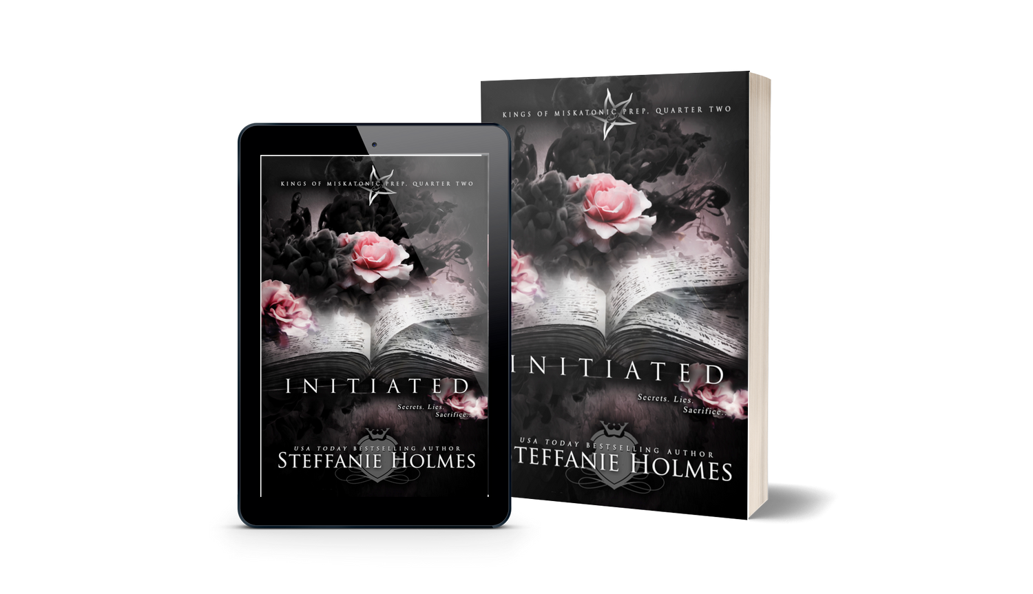 Book titled 'Initiated' by Steffanie Holmes next to a tablet displaying the same book cover.