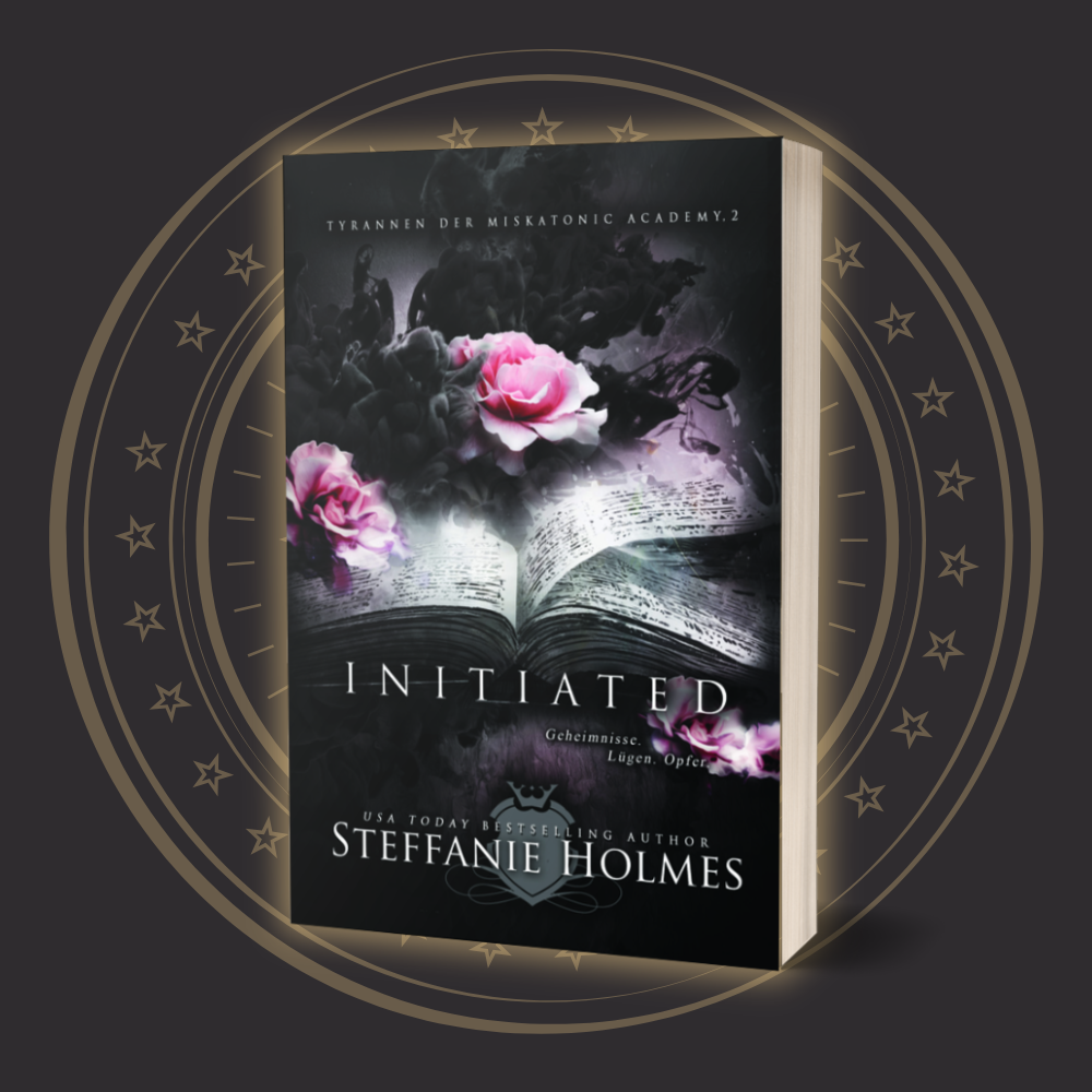 Book cover of 'Initiated' German translation by Steffanie Holmes with flowers and an open book design on a dark background.