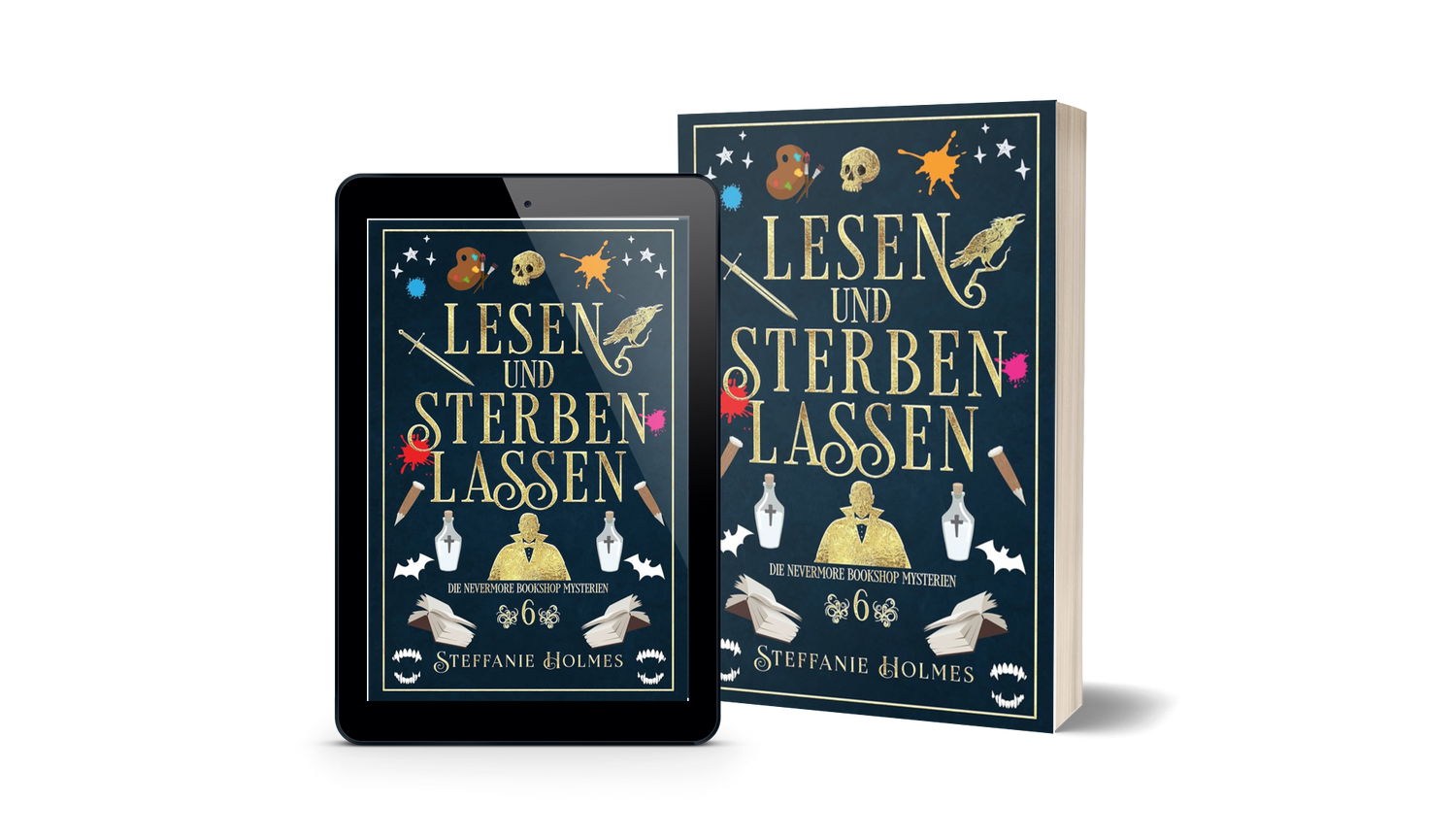 Book and tablet displaying the cover of 'Lesen und Sterben lassen' by Steffanie Holmes