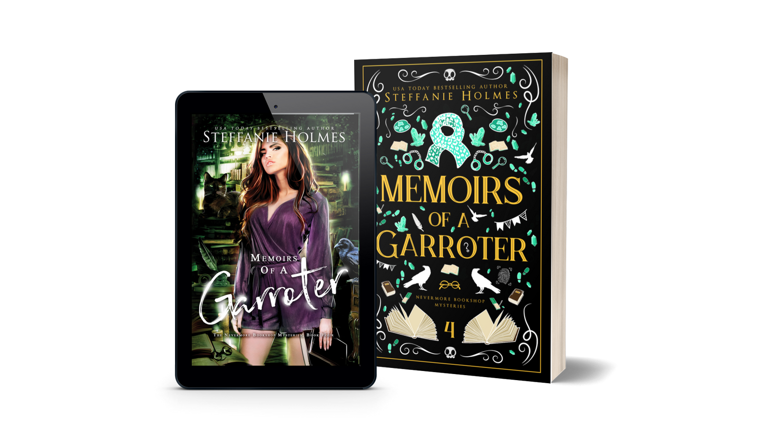 Book titled 'Memoirs of a Garroter' by Steffanie Holmes next to a tablet displaying the original book cover.